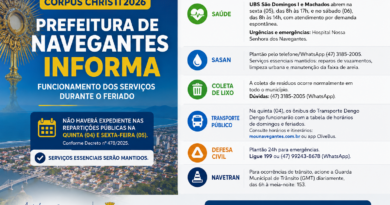 Prefeitura de Navegantes divulga funcionamento dos serviços durante o feriado de Corpus Christi